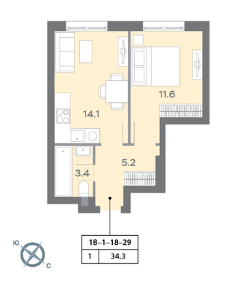 34,3 м², 1-комн. квартира, 25/32 этаж