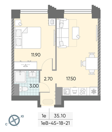 Продажа 1-комнатной квартиры 35,1 м², 20/58 этаж
