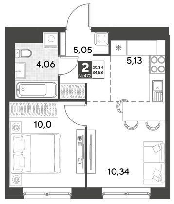 Продажа 2-комнатной квартиры 34,6 м², 12/21 этаж