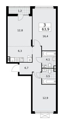 63,9 м², 3-комн. квартира, 8/15 этаж