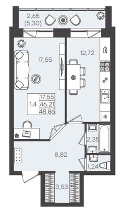 48,9 м², 1-комн. квартира, 2/5 этаж