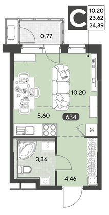 Продажа квартиры-студии 24,4 м², 7/25 этаж