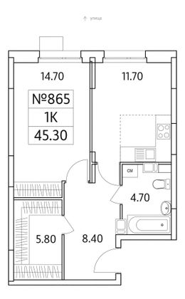 Продажа 1-комнатной квартиры 45,3 м², 7/25 этаж