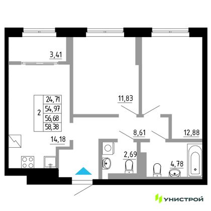 56,7 м², 2-комн. квартира, 2/27 этаж