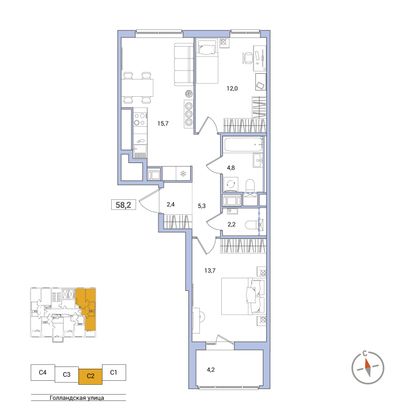 58,2 м², 2-комн. квартира, 6/11 этаж