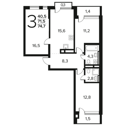 74,6 м², 3-комн. квартира, 10/12 этаж