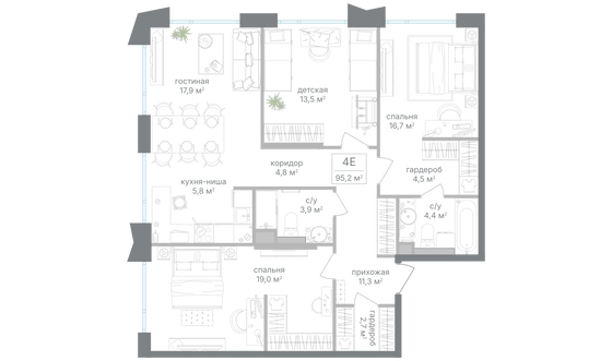 Продажа 3-комнатной квартиры 95,2 м², 19/24 этаж