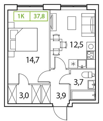 37,8 м², 1-комн. квартира, 14/18 этаж