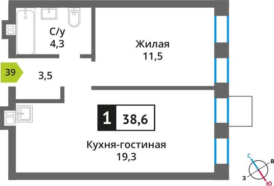 Продажа 1-комнатной квартиры 38,6 м², 6/6 этаж