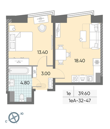 39,6 м², 1-комн. квартира, 47/58 этаж