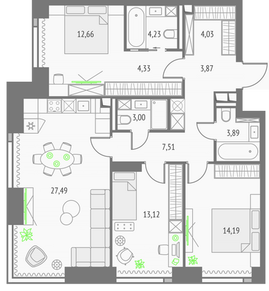 98,3 м², 3-комн. квартира, 11/57 этаж