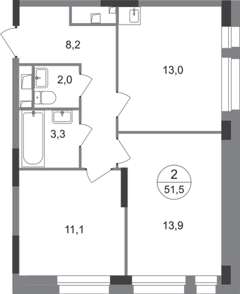 51,5 м², 2-комн. квартира, 2/19 этаж