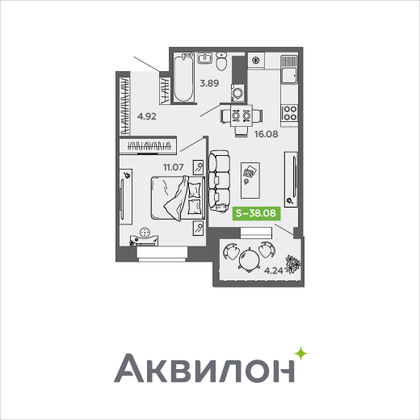 38,1 м², 1-комн. квартира, 2/9 этаж