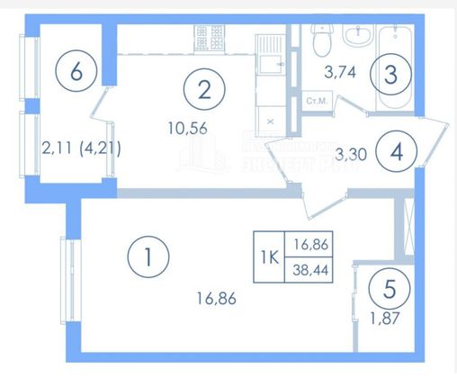 Продажа 1-комнатной квартиры 40,5 м², 3/13 этаж