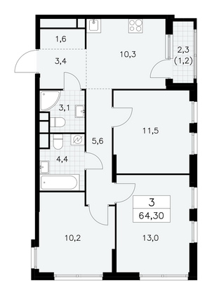 64,3 м², 3-комн. квартира, 26/30 этаж