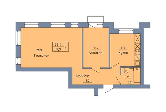 Продажа 2-комнатной квартиры 61 м², 2/4 этаж