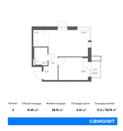 41,5 м², 1-комн. квартира, 13/17 этаж