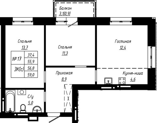 56,8 м², 3-комн. квартира, 2/16 этаж