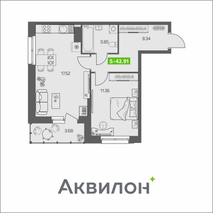 42,9 м², 1-комн. квартира, 6/8 этаж