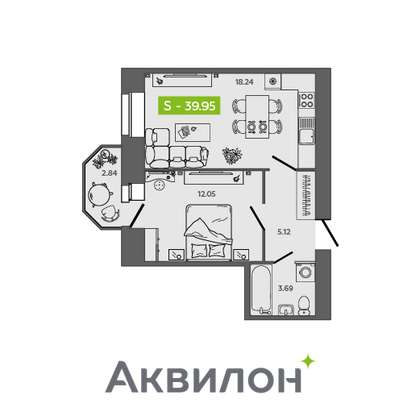 40 м², 1-комн. квартира, 6/9 этаж