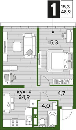 Продажа 1-комнатной квартиры 48,9 м², 19/19 этаж