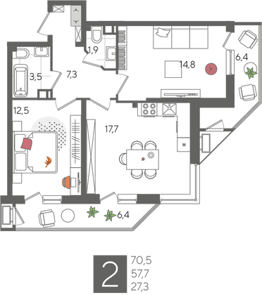 Продажа 2-комнатной квартиры 70,5 м², 7/24 этаж