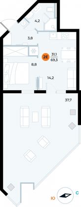 69,3 м², 1-комн. квартира, 1/6 этаж