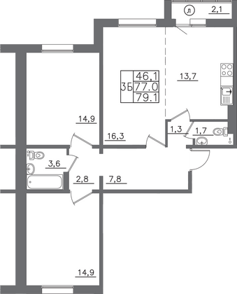 Продажа 3-комнатной квартиры 79,1 м², 6/9 этаж