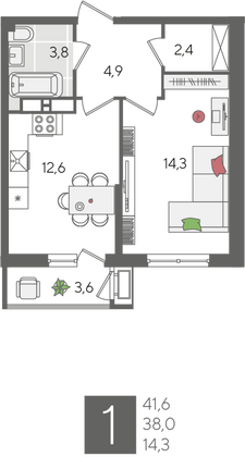 Продажа 1-комнатной квартиры 41,6 м², 13/24 этаж