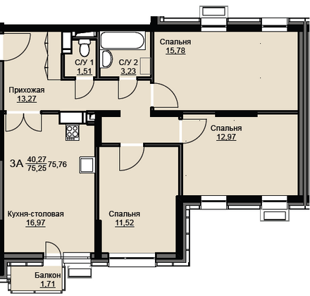 Продажа 3-комнатной квартиры 75,8 м², 3/17 этаж