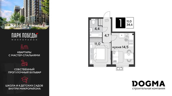 34,6 м², 1-комн. квартира, 2/9 этаж