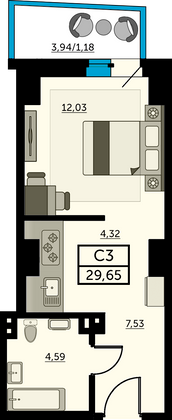 29,4 м², студия, 9/26 этаж