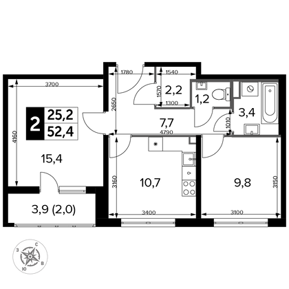 52,4 м², 2-комн. квартира, 8/24 этаж