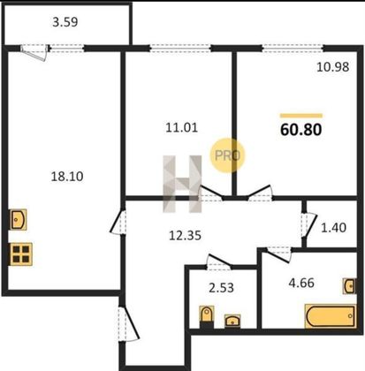 Продажа 2-комнатной квартиры 60,8 м², 2/14 этаж