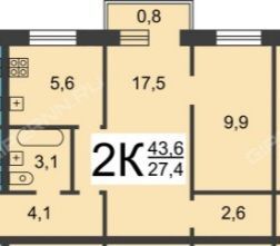 Продажа 2-комнатной квартиры 44 м², 3/5 этаж