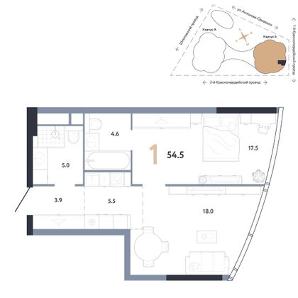 54,5 м², 1-комн. квартира, 53/82 этаж
