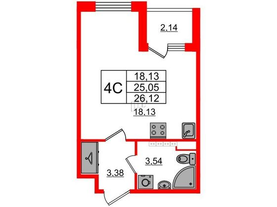 Продажа квартиры-студии 25 м², 3/4 этаж