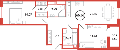 Продажа 2-комнатной квартиры 66,4 м², 12/12 этаж