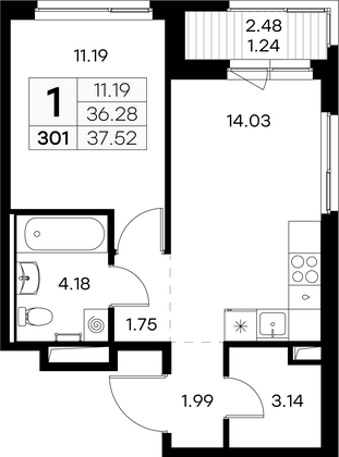 37,5 м², 1-комн. квартира, 3/9 этаж