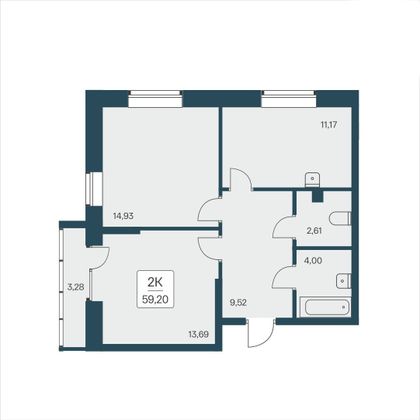 59,2 м², 2-комн. квартира, 2/25 этаж