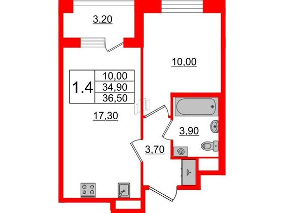 Продажа 1-комнатной квартиры 34,9 м², 2/4 этаж