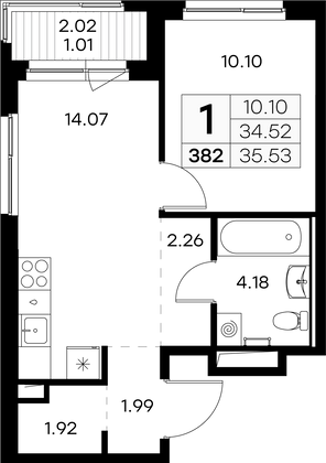 35,5 м², 1-комн. квартира, 3/9 этаж