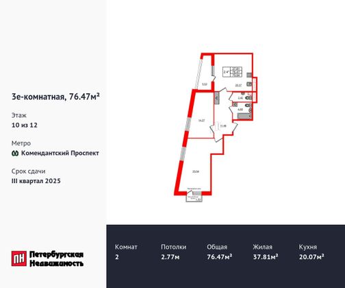 Продажа 2-комнатной квартиры 76,5 м², 10/12 этаж