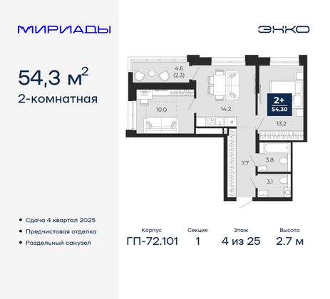 54,3 м², 2-комн. квартира, 4/25 этаж