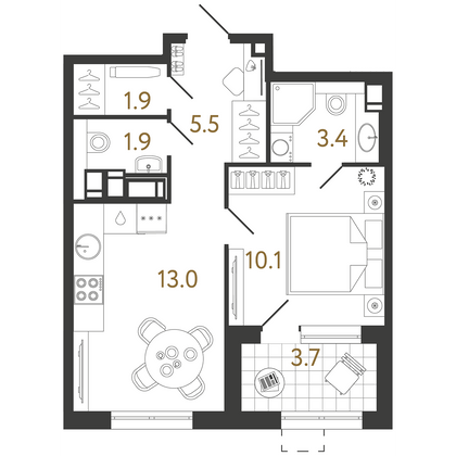 35,8 м², 1-комн. квартира, 13/23 этаж