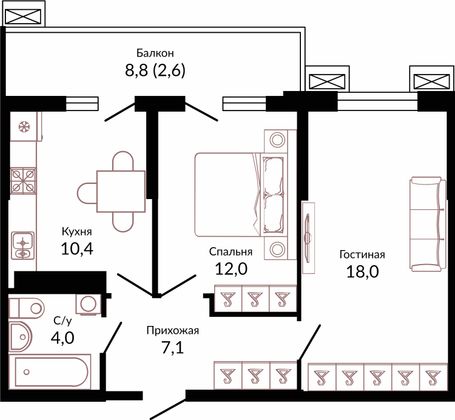 54,1 м², 2-комн. квартира, 2/23 этаж