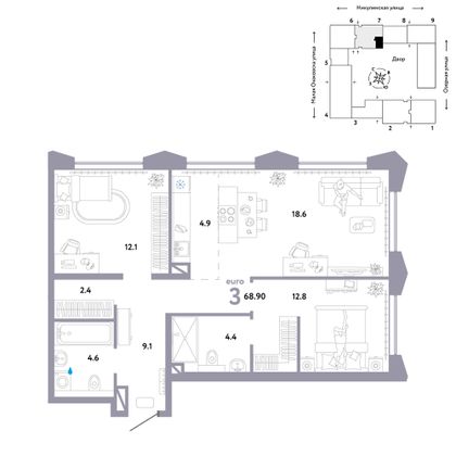 68,9 м², 3-комн. квартира, 20/30 этаж