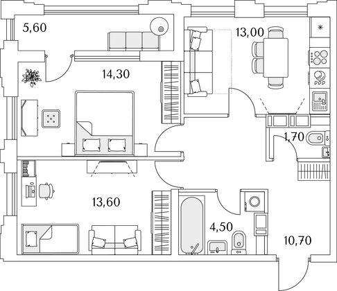 60,6 м², 2-комн. квартира, 9/13 этаж