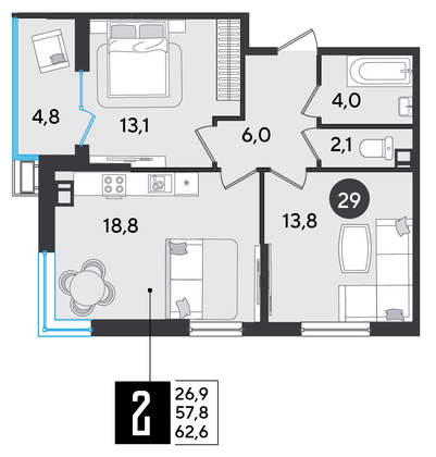 Продажа 2-комнатной квартиры 62,6 м², 6/16 этаж