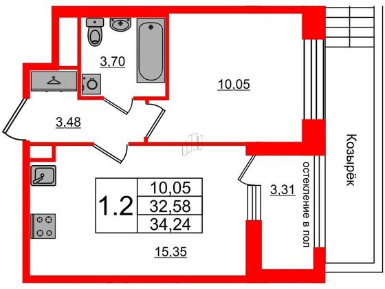 Продажа 1-комнатной квартиры 32,6 м², 1/12 этаж